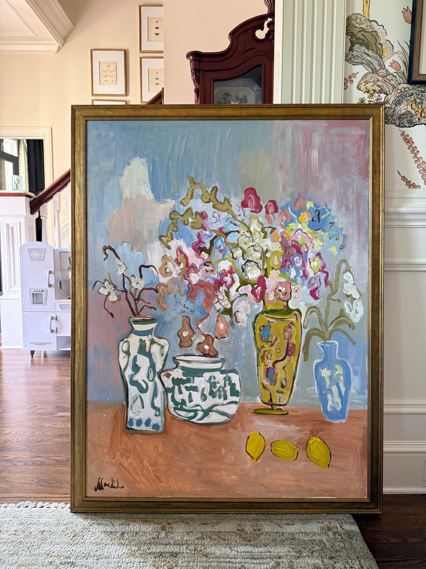 39.5 x 51.5 florals in a chartreuse jar with lemons