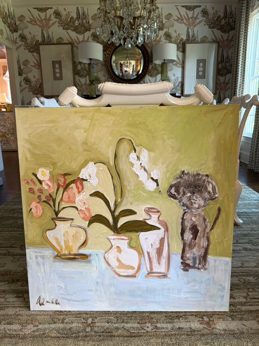 36x36 Brown Puppy With Flowers