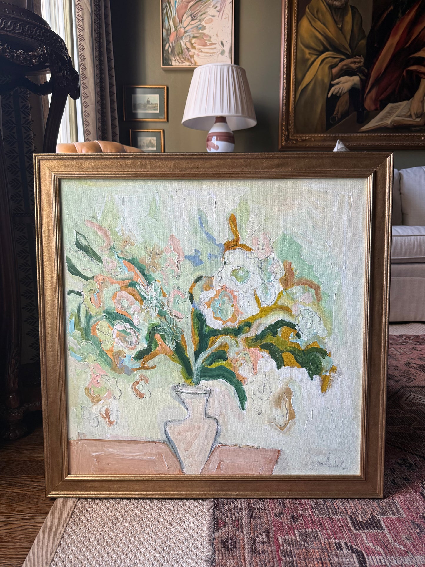 28 x 28 coral green and blue florals