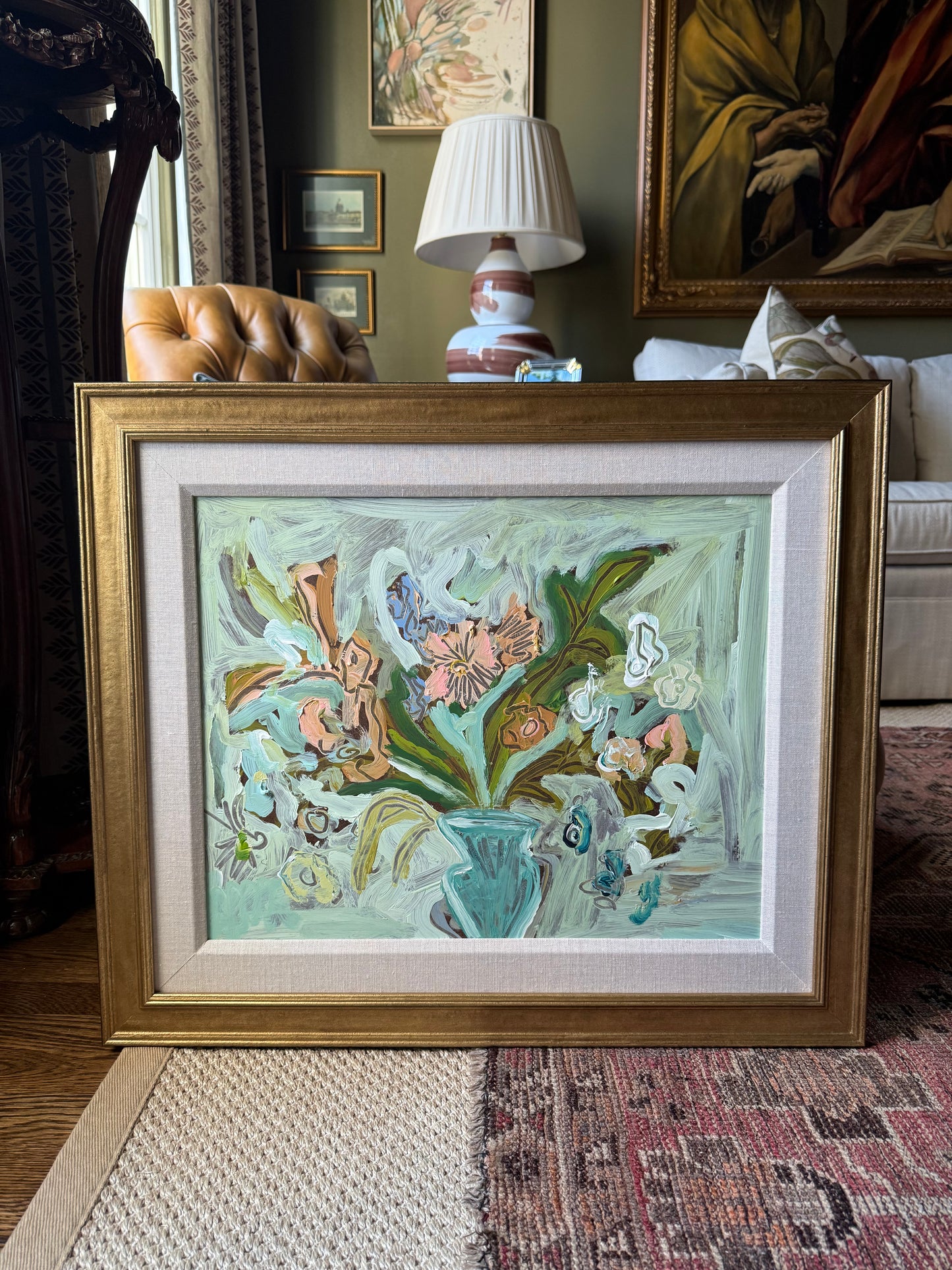 23 x 27 green and coral flowers in a blue vase