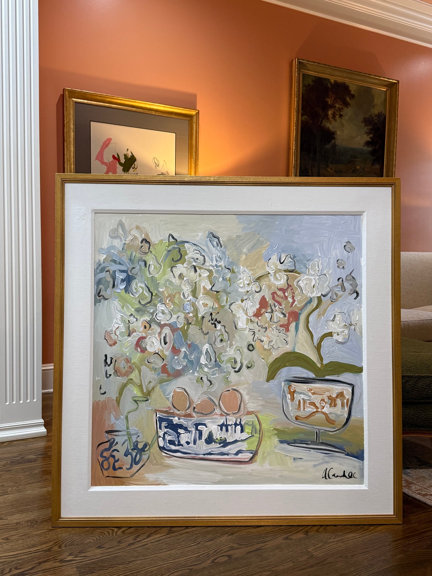 46 x 46 florals and oranges in blue and white pottery
