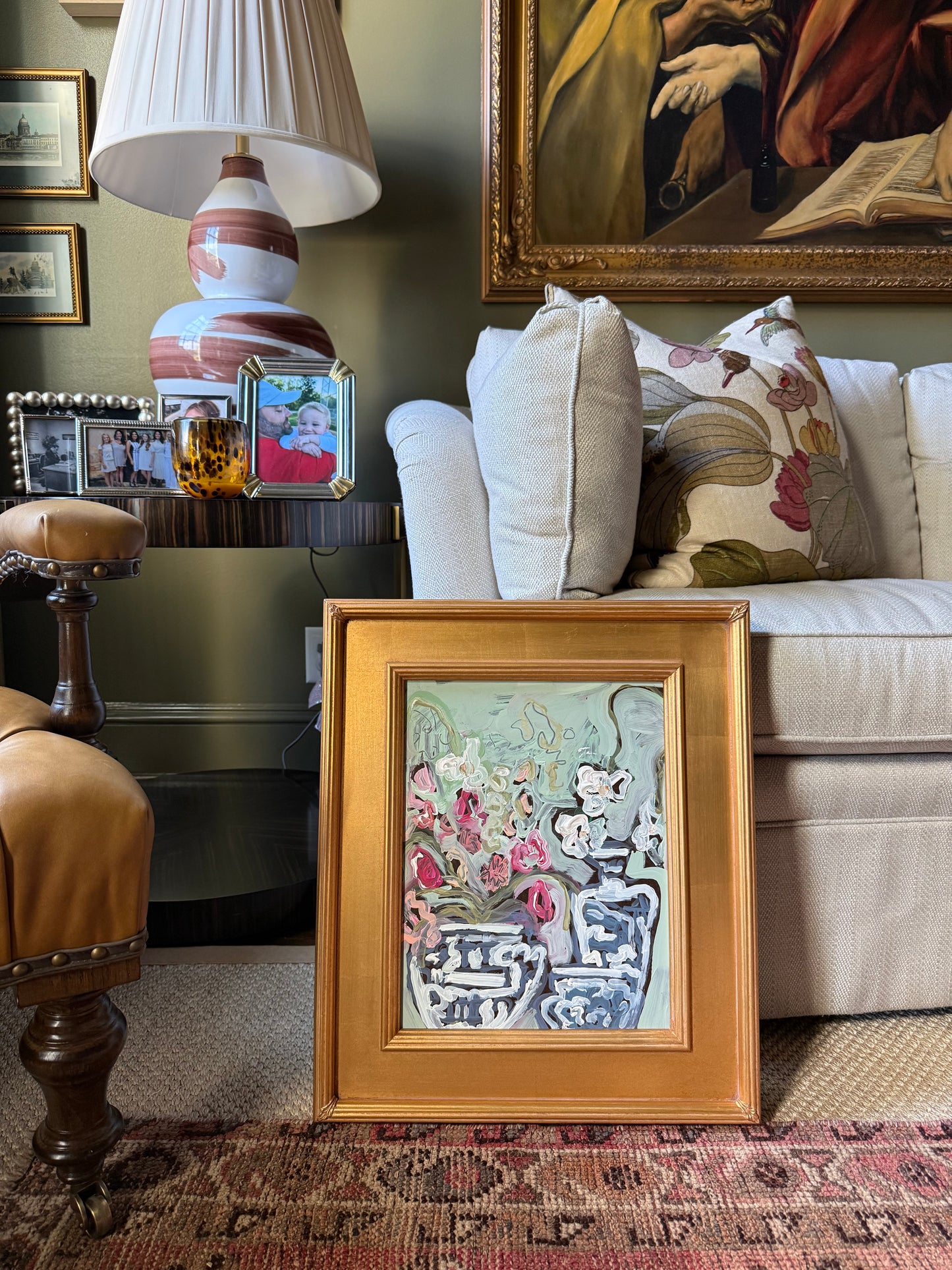 17x20 Floral with Blue and White Jars