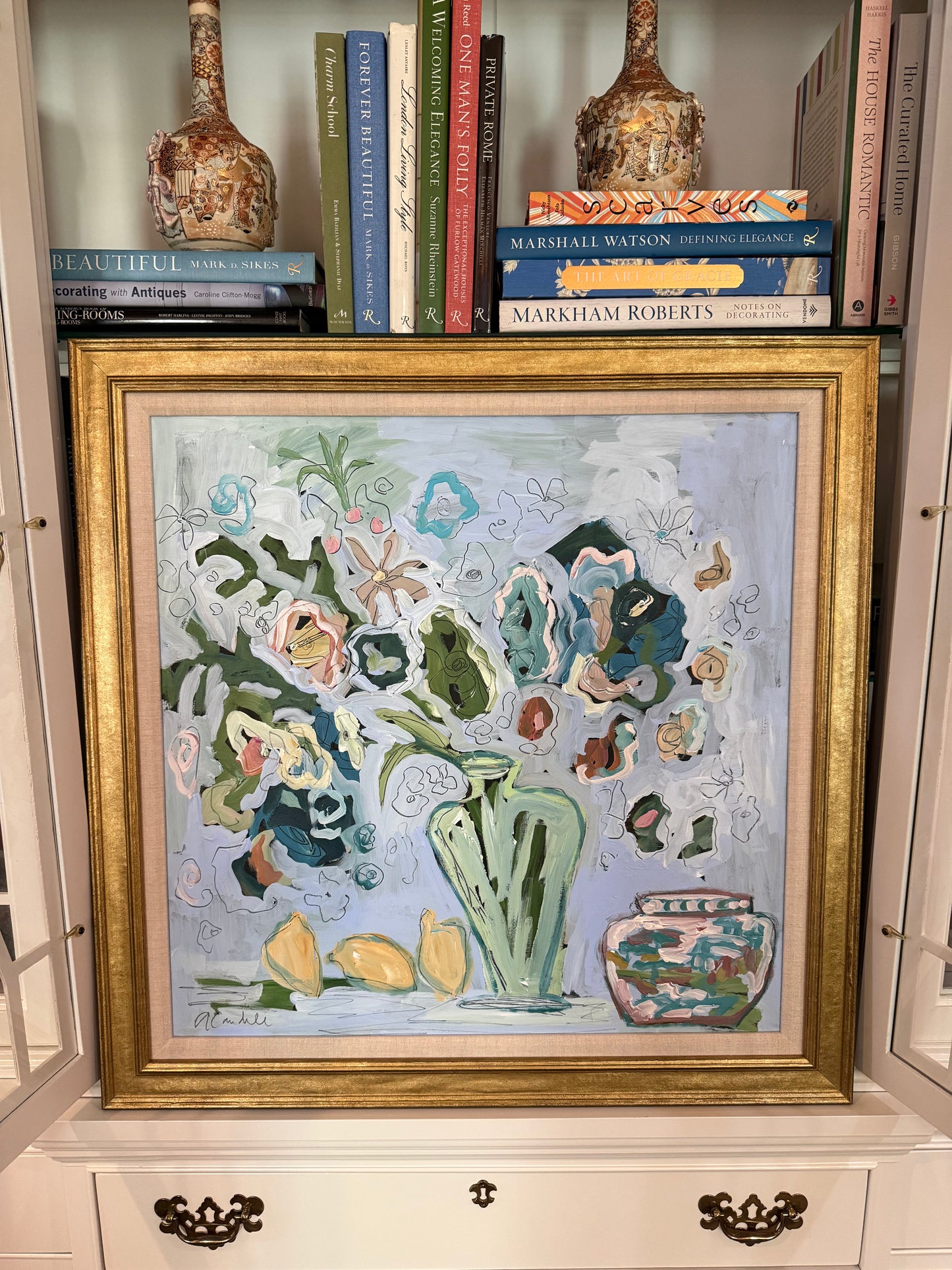 29x29 florals in a blue room with lemons